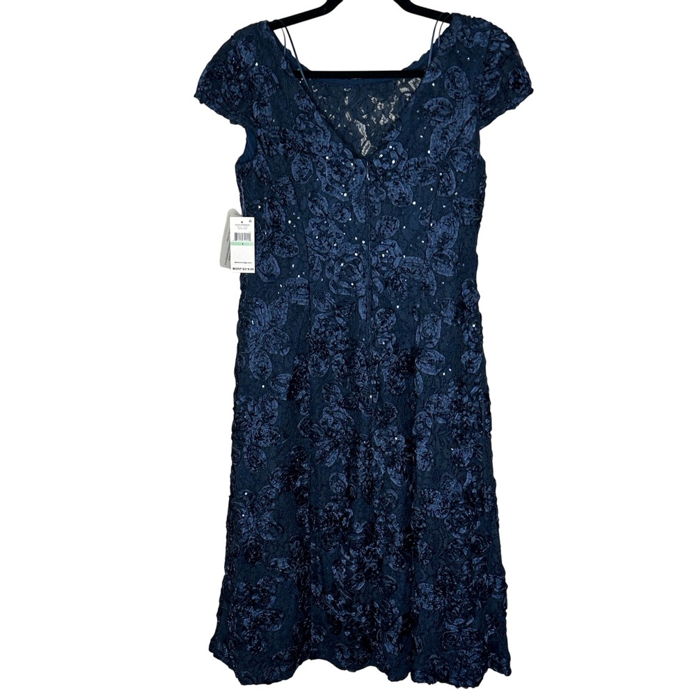 Alex Evenings Navy Blue Floral Lace Sequin Rosette Embellished Midi Dress Size 8 - Picture 2 of 16